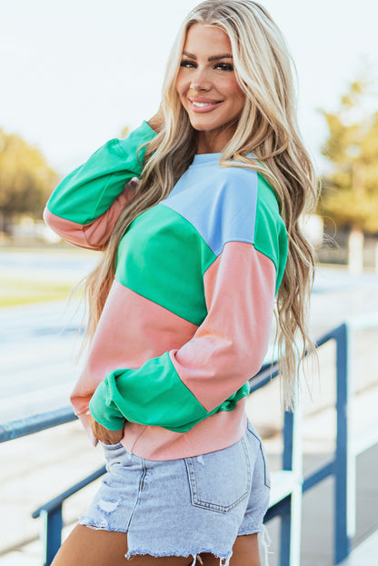 Sky Blue Colorblock Patchwork Drop Shoulder Sweatshirt