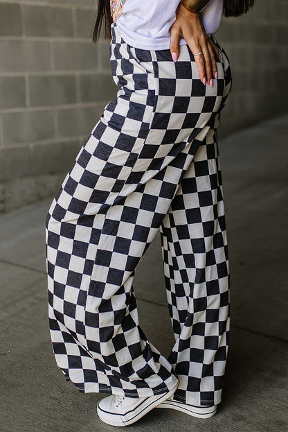 Bonbon 2-Tone Checked Print High Waist Wide Leg Pants