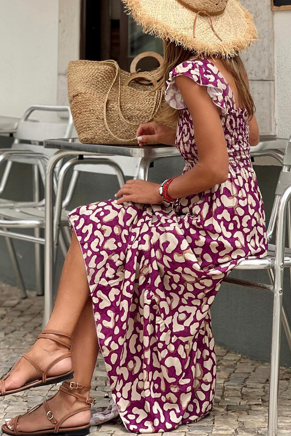 Pink Leopard Ruffle Straps Smocked High Waist Long Dress