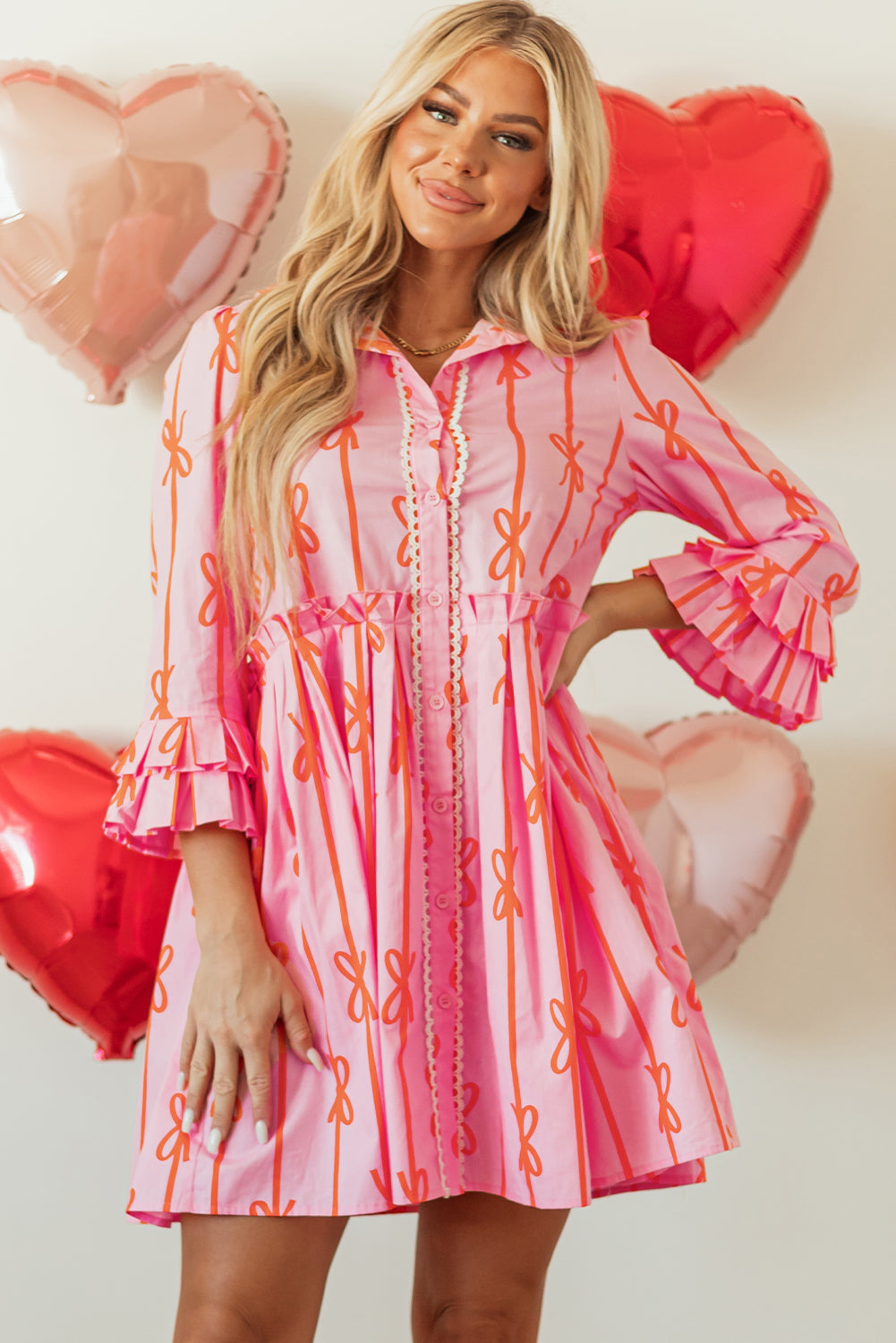 Pink Bowknot Striped Printed Tiered Ruffled Mini Shirt Dress