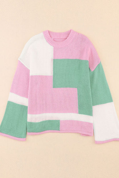 Color Block Round Neck Drop Shoulder Sweater