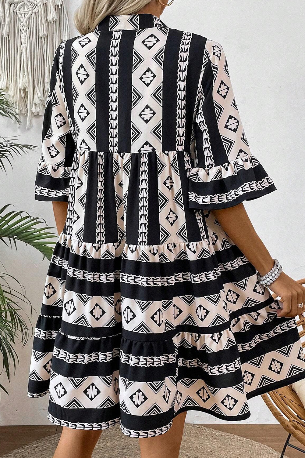 Black Geometric Print V Neck Ruffled Dress