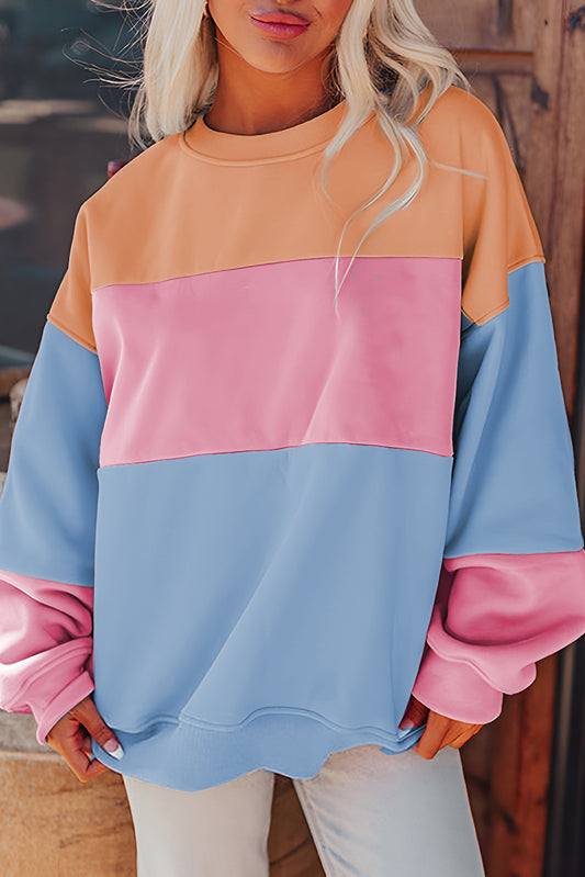 Sky Blue Colorblock Patchwork Drop Shoulder Sweatshirt