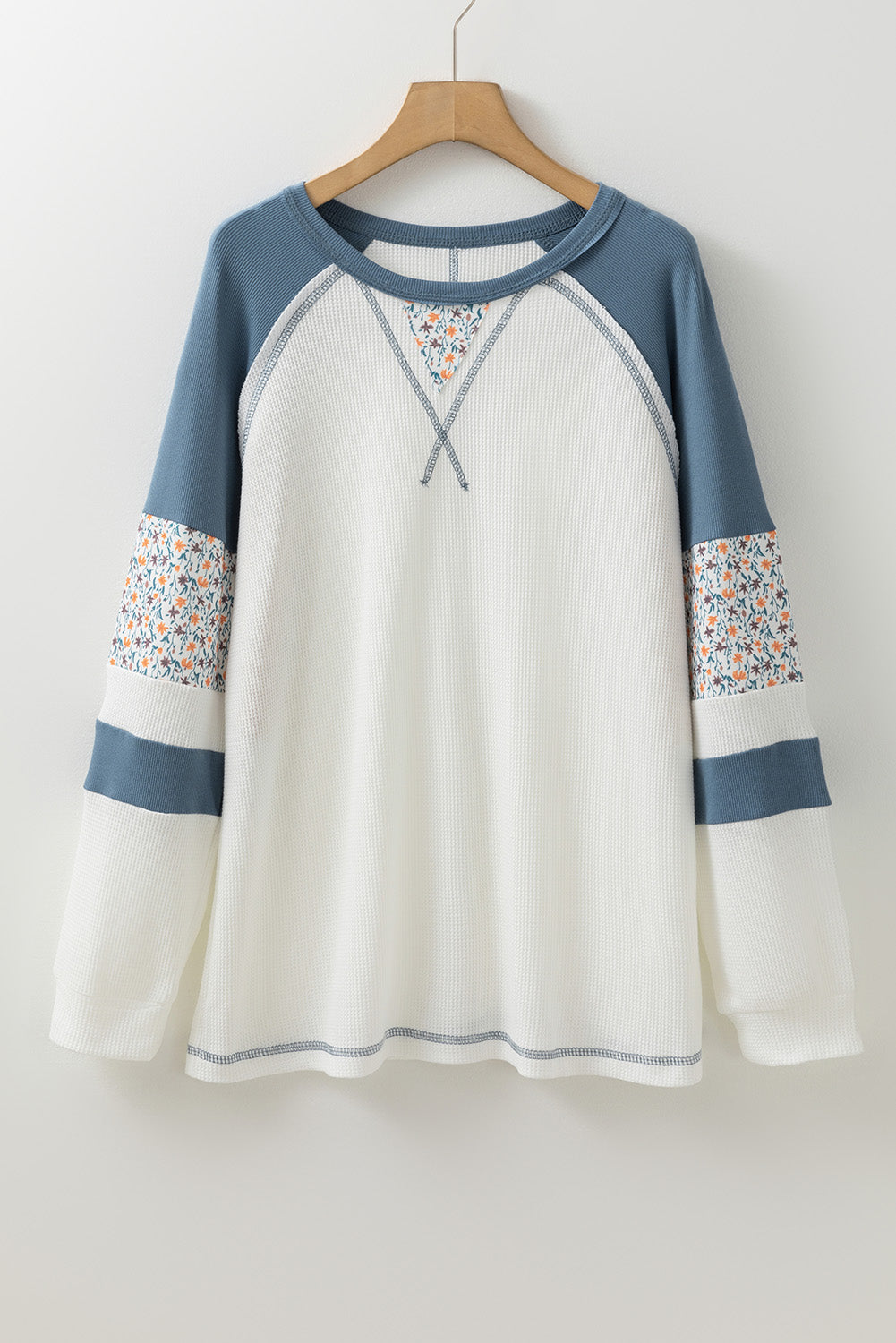 White Floral Patchwork Waffle Knit Raglan Top