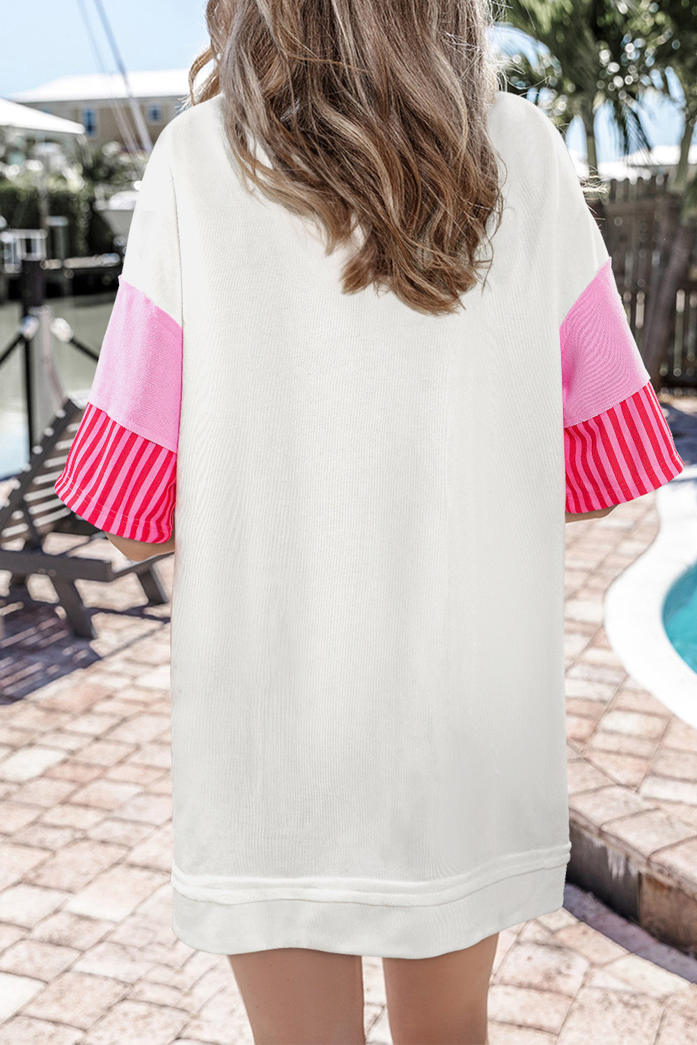 Pink Stripe Colorblock Patchwork Short Sleeve T Shirt Dress