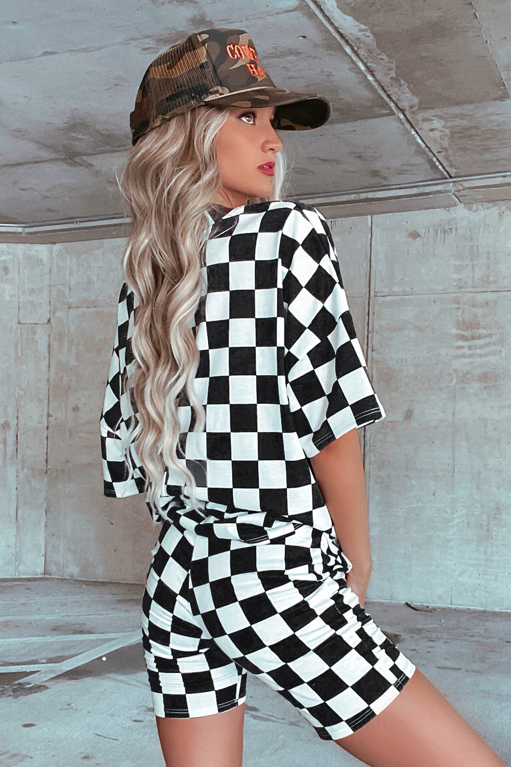 Black Checkerboard Print V Neck Loose Tee and Shorts Lounge Set