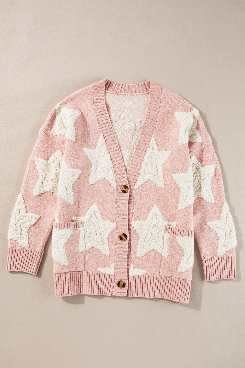 Khaki Sherpa Star Pattern Textured Sweater Cardigan with Pockets