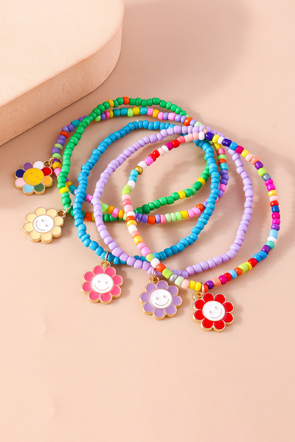 Light Blue 5pcs Smiley Flower Pendant Beaded Bracelet Set