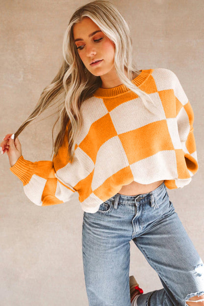 Gray Checkered Bishop Sleeve Sweater