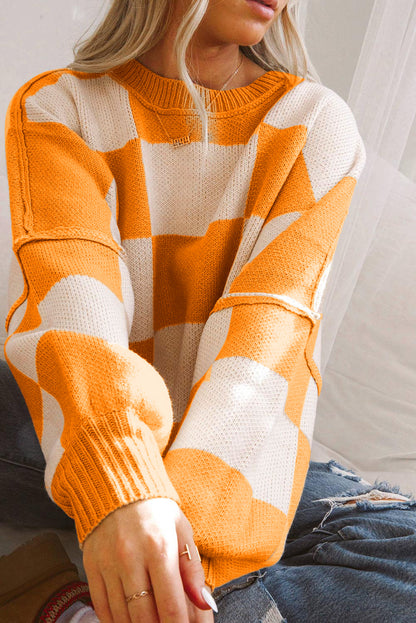 Gray Checkered Bishop Sleeve Sweater