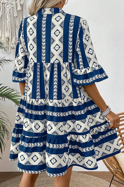 Black Geometric Print V Neck Ruffled Dress