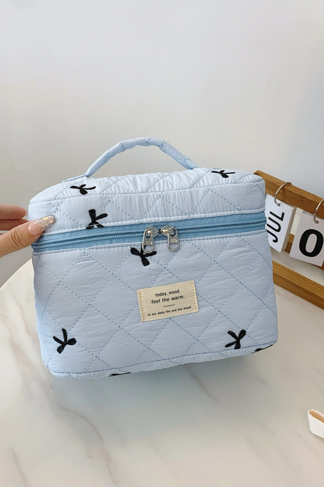 Bow Embroidered Quilted Storage Bag with Zip