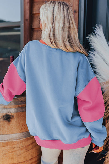 Sky Blue Colorblock Patchwork Drop Shoulder Sweatshirt