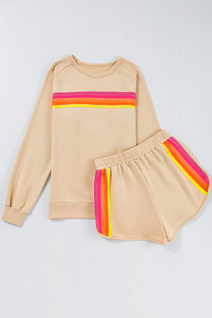 Bonbon Striped Accent Pullover and Shorts Two Piece Casual Set