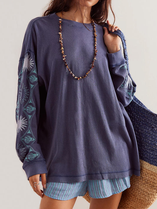 Embroidered Round Neck Long Sleeve Sweatshirt