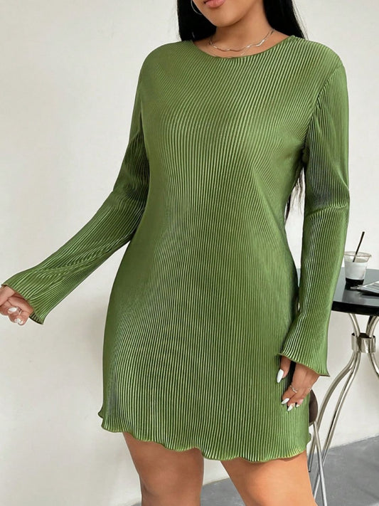 Honey Plus Size Lettuce Hem Round Neck Long Sleeve Dress